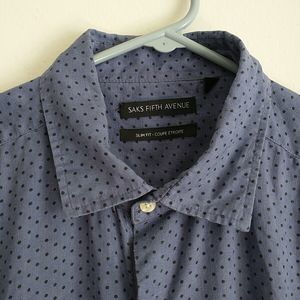 Saks Fifth Avenue Shirt Men XL Slim Fit Purple Swiss Dot 100%Linen Button Casual